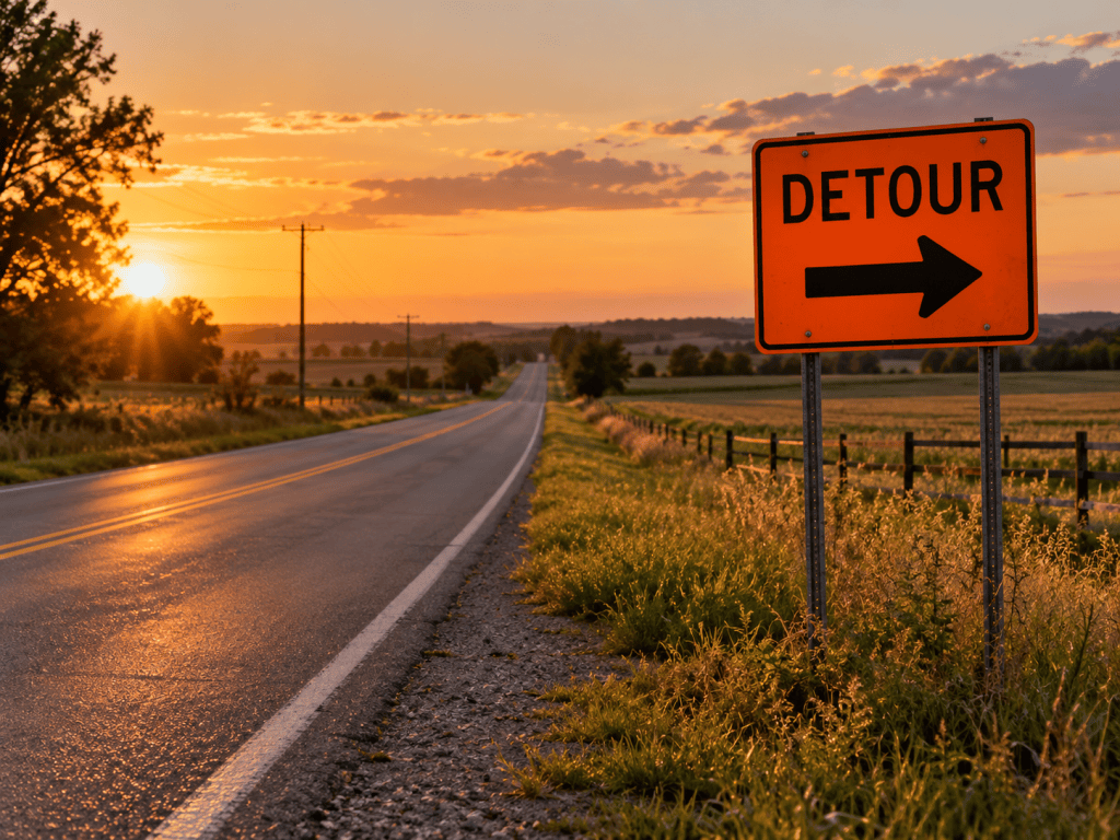 A road detour sign on a country road at dusk