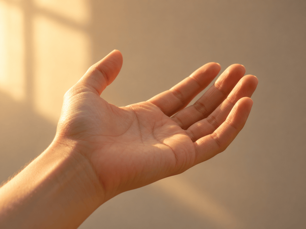 An open hand held palm-up in morning light