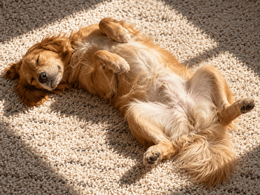 A dog asleep with its belly up on a rug in the sun