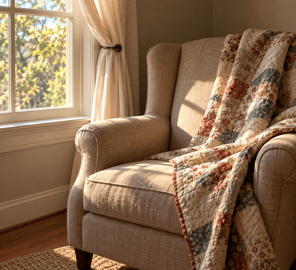 A quilt thrown over a chair beside a window in afternoon light