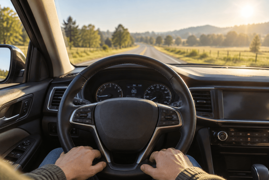A woman's hands resting loosely on a steering wheel